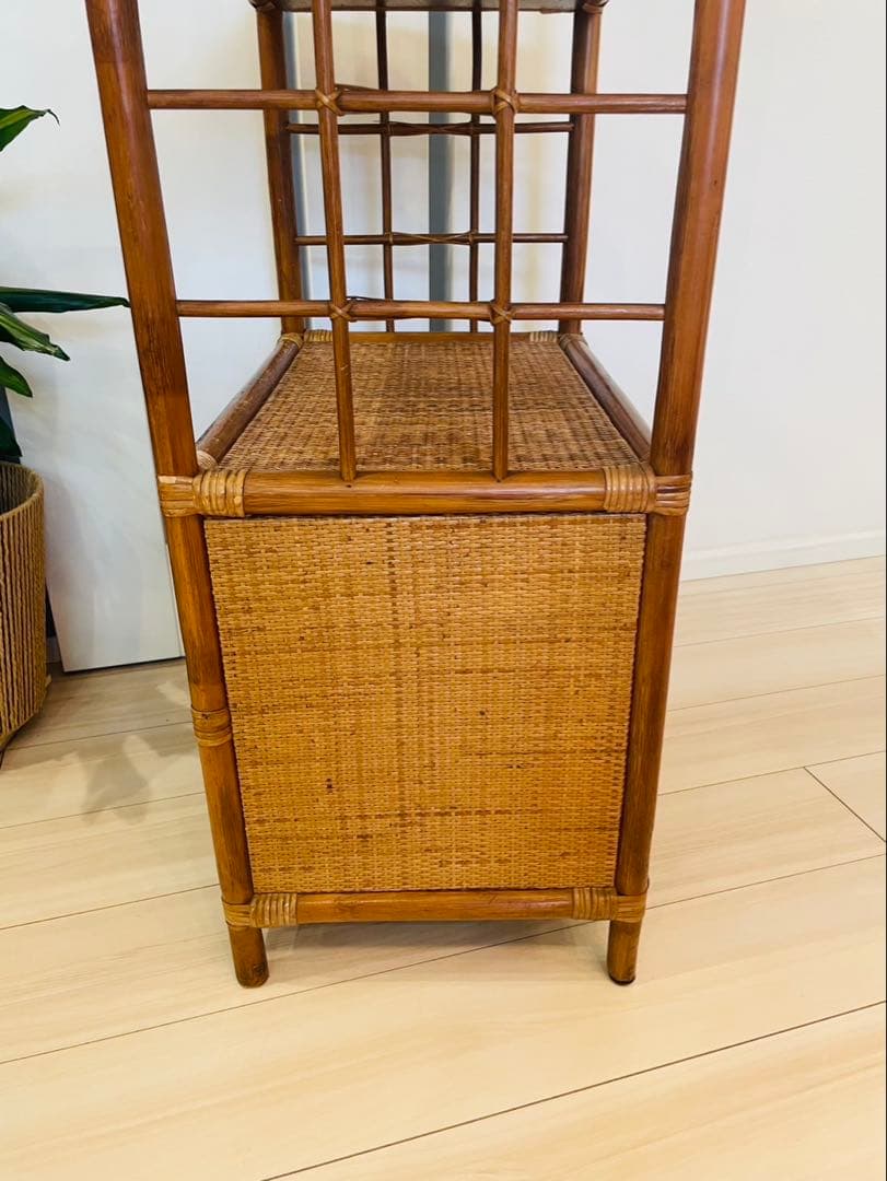籐ラタン アーチ型シェルフ 棚 ラック 収納 電話台 花台 引き出し ビンテージ