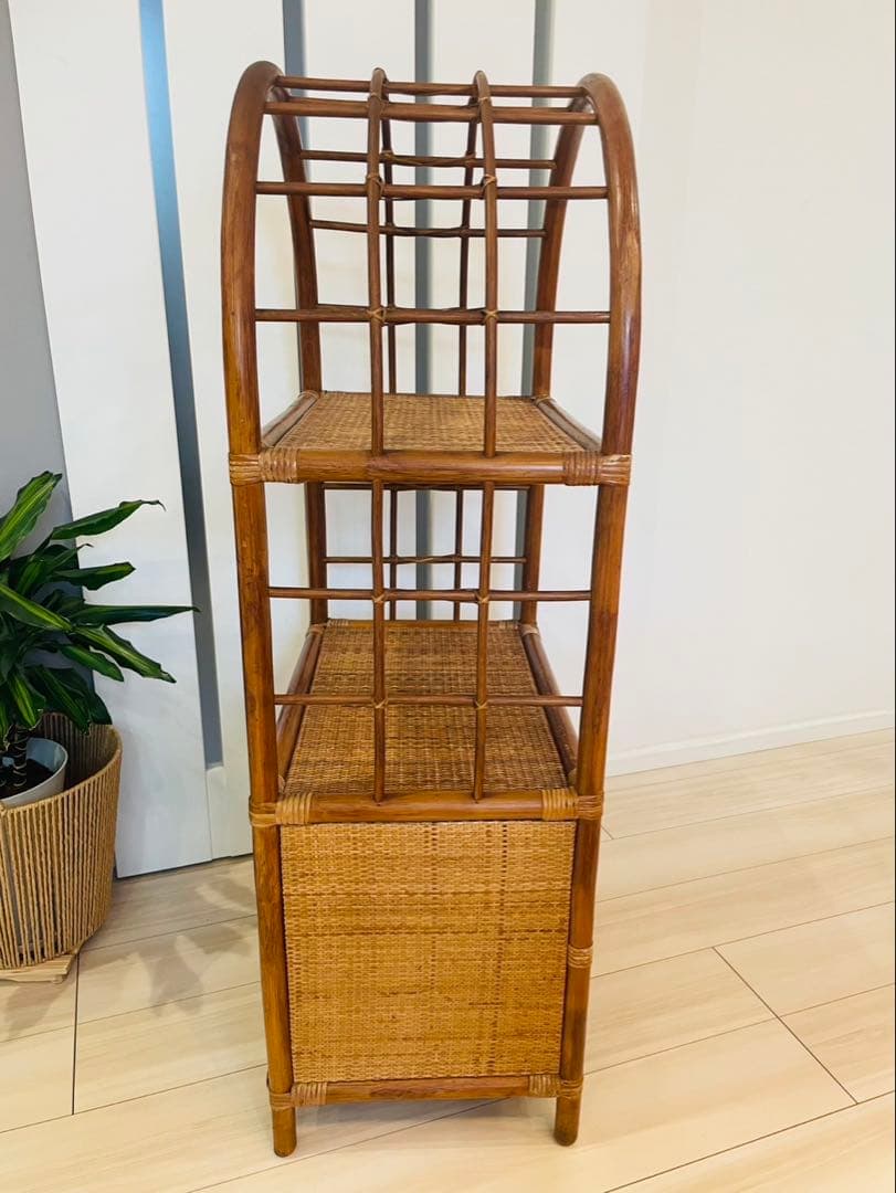 籐ラタン アーチ型シェルフ 棚 ラック 収納 電話台 花台 引き出し ビンテージ