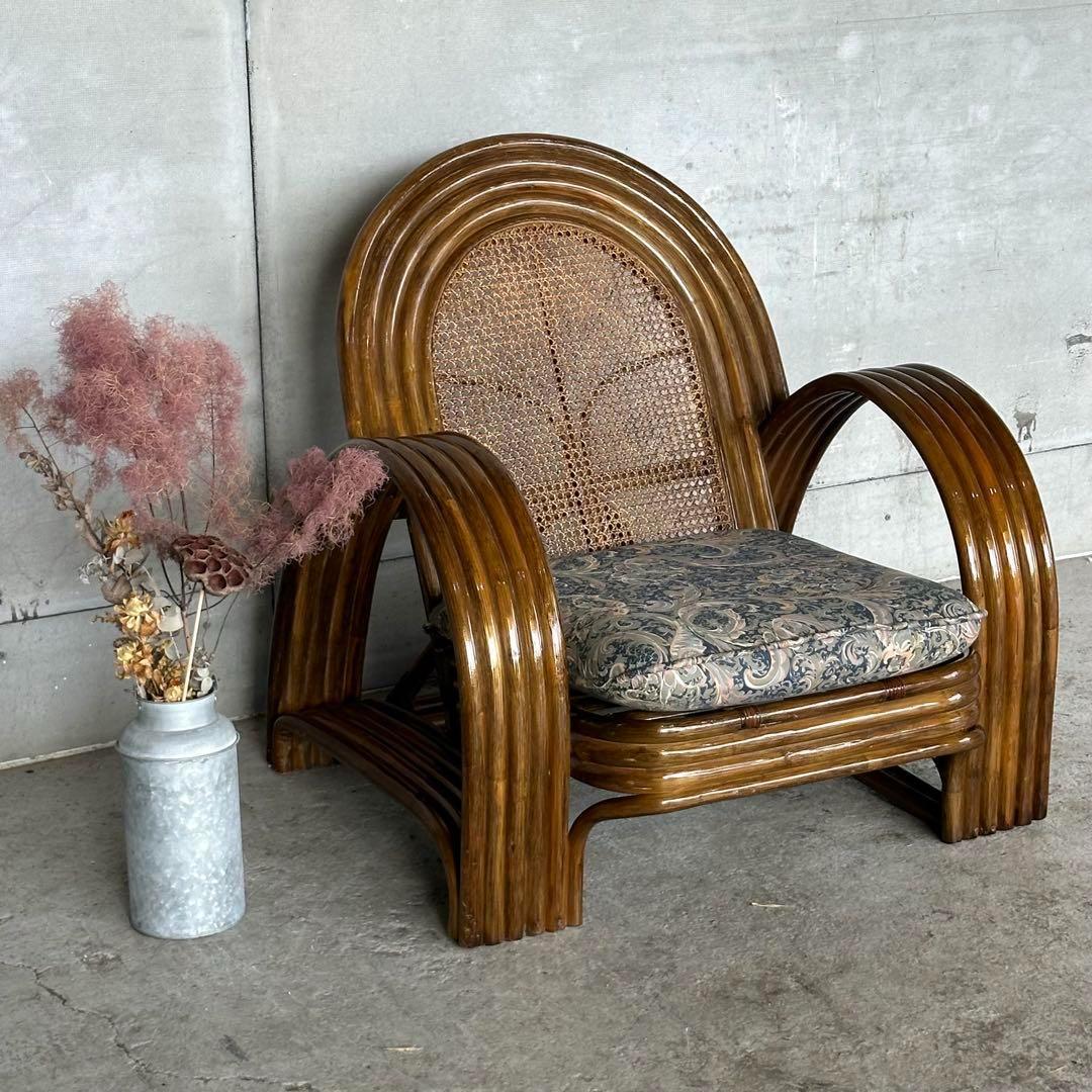 ꧁オールドラタン꧂カフェ風✦レトロラタン大型アームチェア　1人掛けソファー