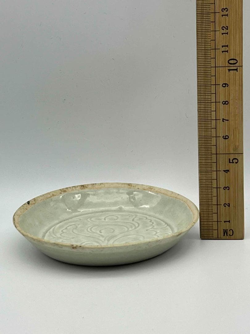 北宋時代 湖田窯 青磁刻花鳳尾花文房洗 覆燒 覆輪口 影青 古皿唐物(F-90)