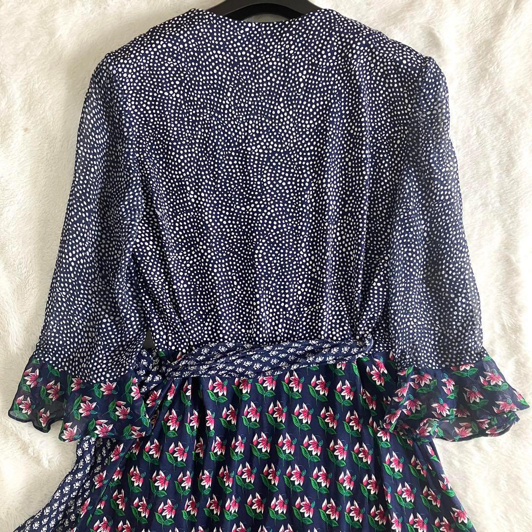 ダイアンフォンファステンバーグ シルク シフォンフリル ラップワンピ 6 紺