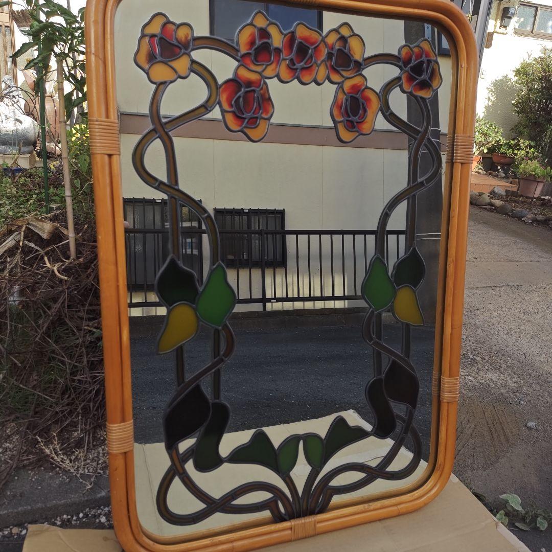 レトロ アールヌーボー様式 ステンドグラス 大型壁掛け鏡 ミラーH96.5㌢