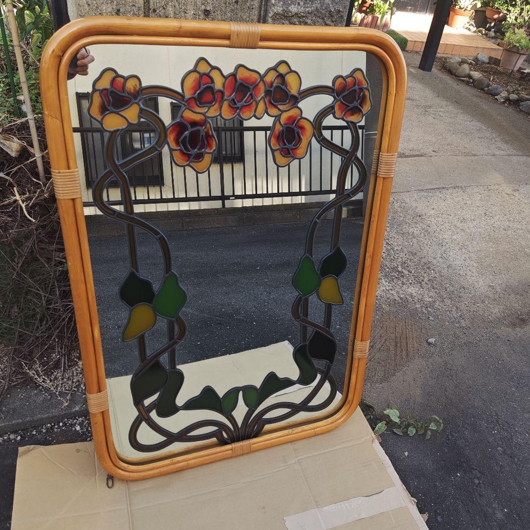 レトロ アールヌーボー様式 ステンドグラス 大型壁掛け鏡 ミラーH96.5㌢