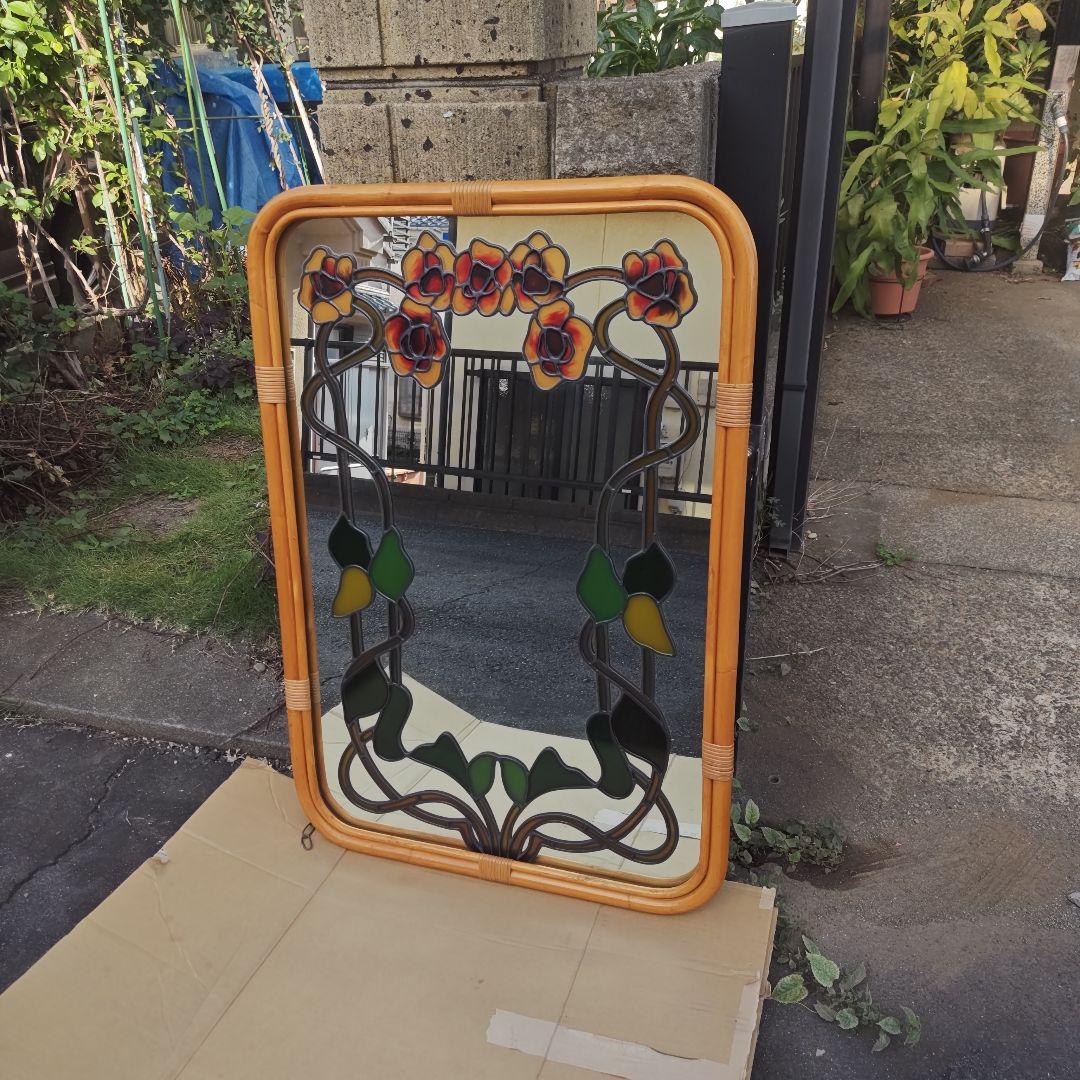 レトロ アールヌーボー様式 ステンドグラス 大型壁掛け鏡 ミラーH96.5㌢