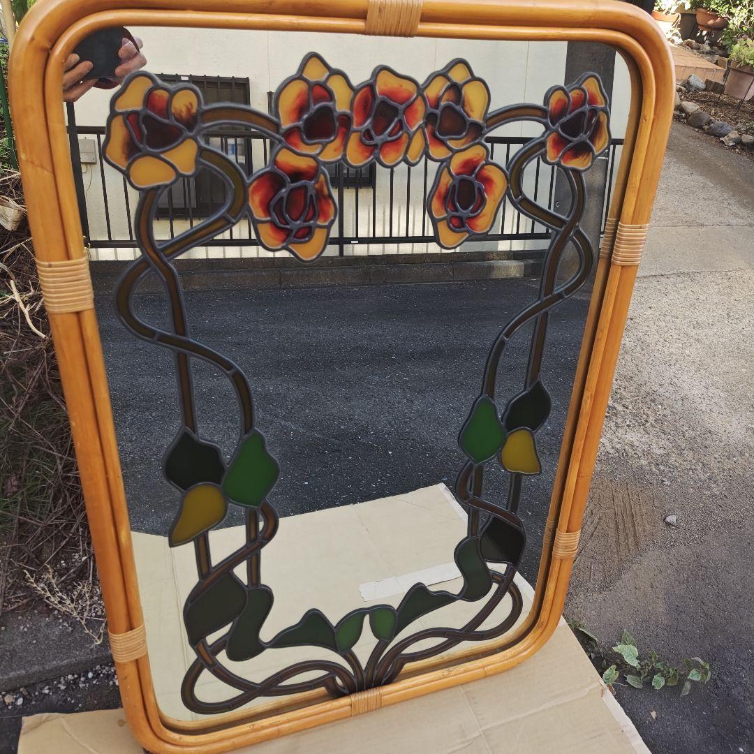 レトロ アールヌーボー様式 ステンドグラス 大型壁掛け鏡 ミラーH96.5㌢