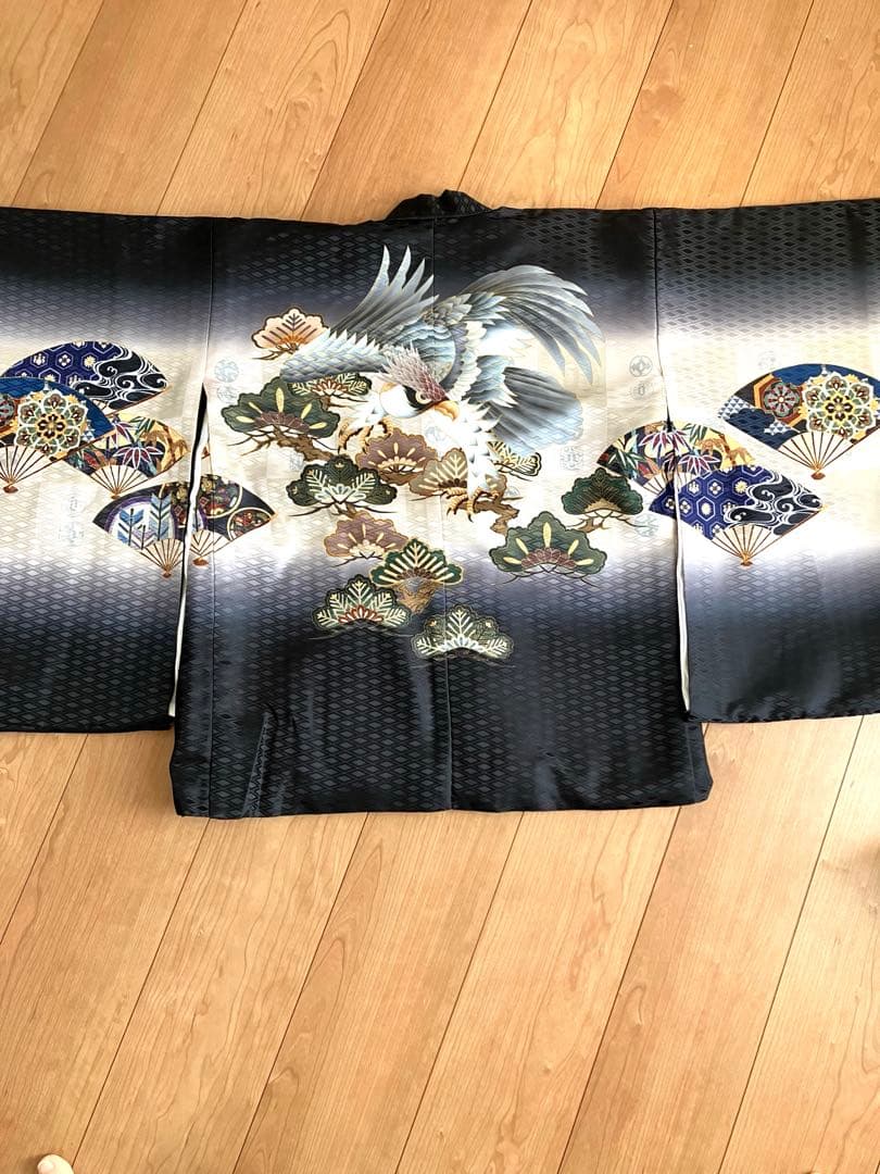 値下げ　七五三 男の子　5歳　黒色着物セット　鶴と松の刺繍