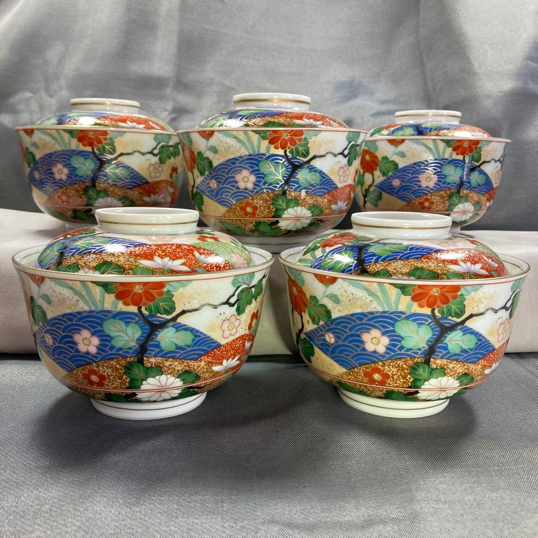 前畑陶器　庫山　御碗揃　吉祥文様　蓋付　小丼　丼　煮物碗　花　青海波　菊　梅