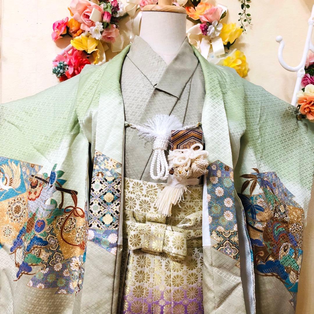 七五三着物五歳‼️完全フルセット‼️グリーン系1番人気柄兜⭐︎金蘭袴豪華際立つ秀品