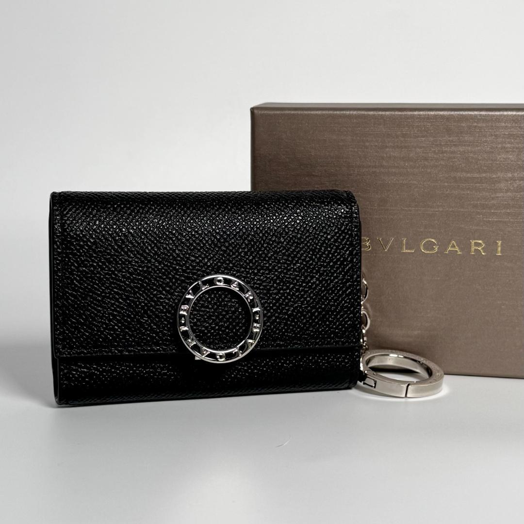 ICチップ BVLGARI キーケース キーリング ロゴクリップ レザー 黒