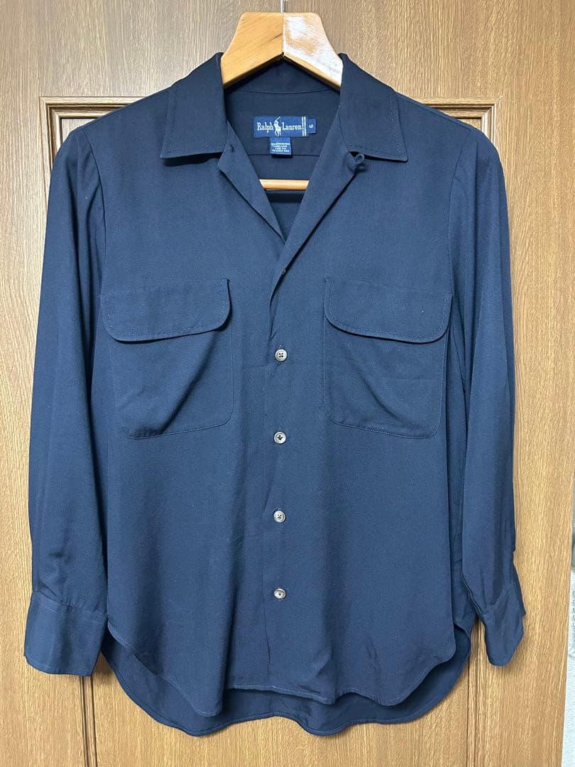 90s Ralph Lauren レーヨン オープンカラーシャツ　黒紺 50s