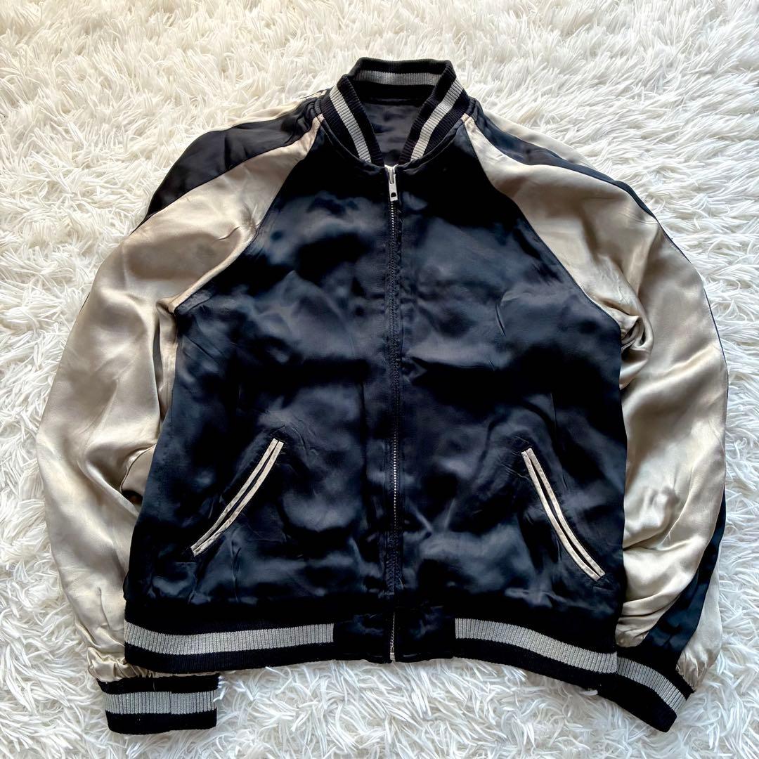 百花繚乱 リバーシブル スカジャン 鯉×富士山 刺繍 和柄 黒 金 サテン