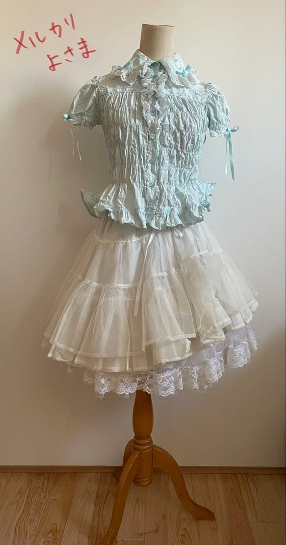 AngelicPretty胸元レースシャーリングブラウス*サックス*大きいサイズ