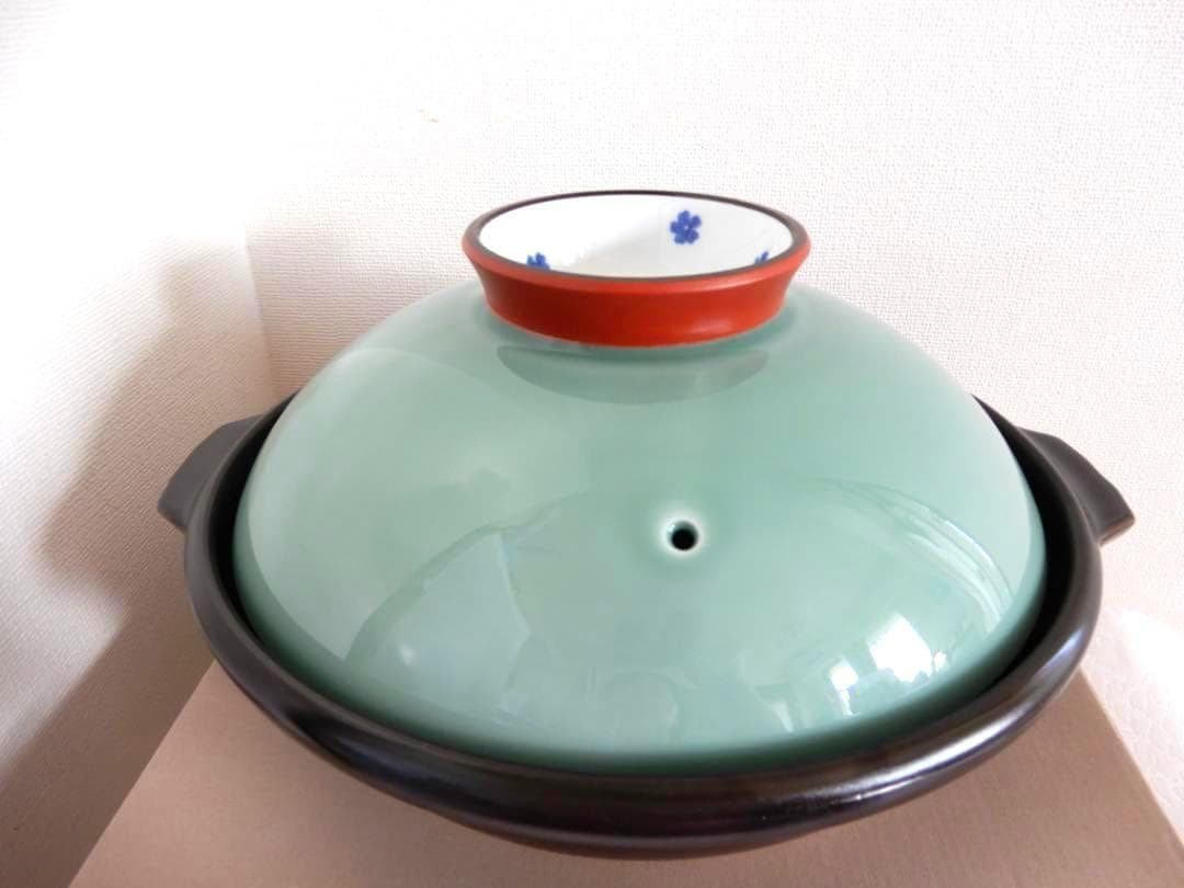 【深川製磁】百年庵　レア　花散し　青磁赤錆　桜　９号土鍋　新品♬