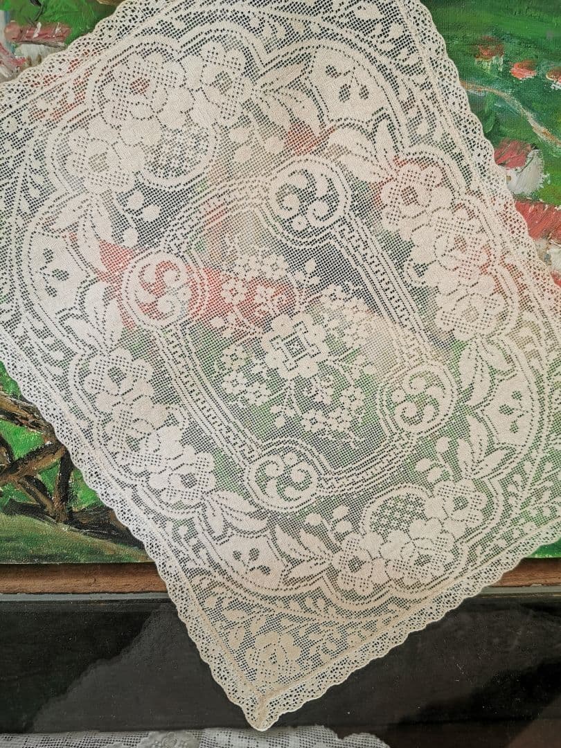アンティーク 目の細かな◻◽フィレレース レクタングル トレイクロス ローズ紋β