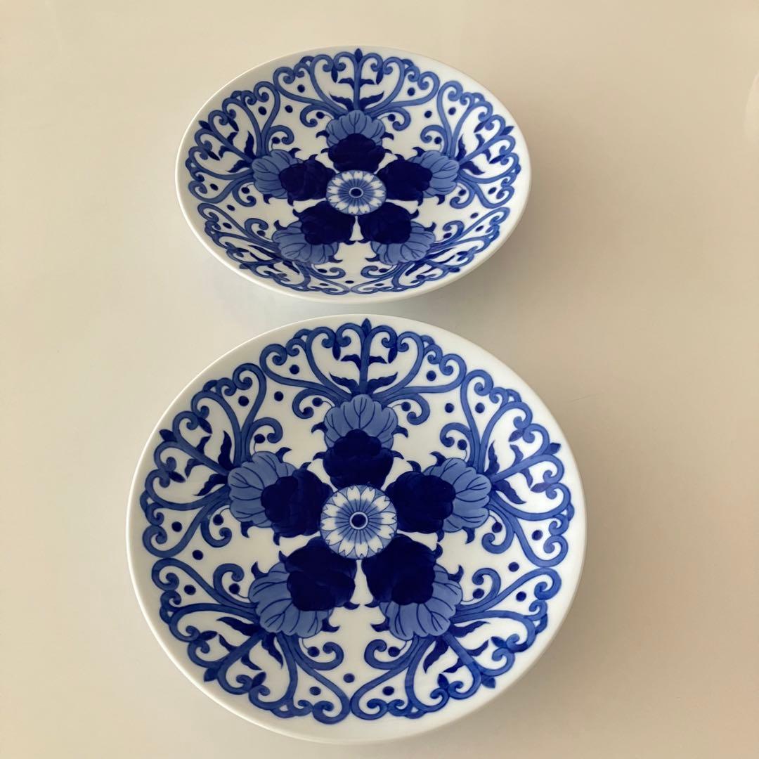 未使用★美品　深川製磁　染付菊唐草　皿　深皿　プレート　2枚