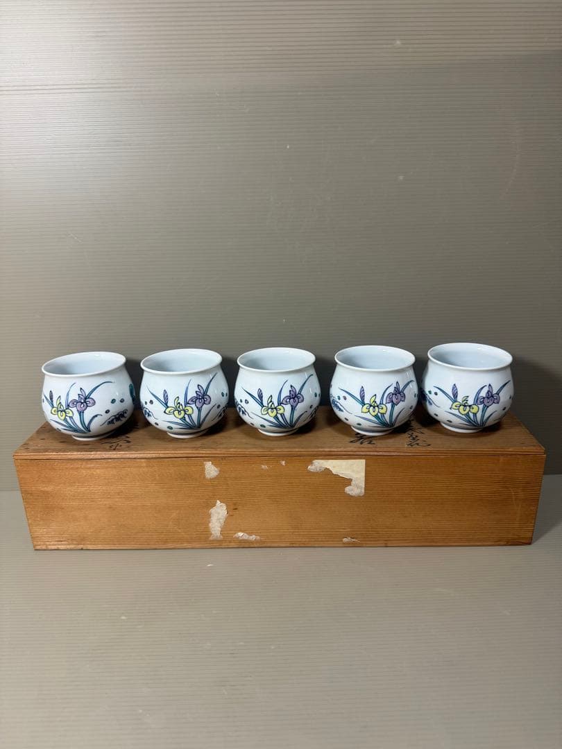 2191 源右衛門　染付花草浪花文　湯呑　5客