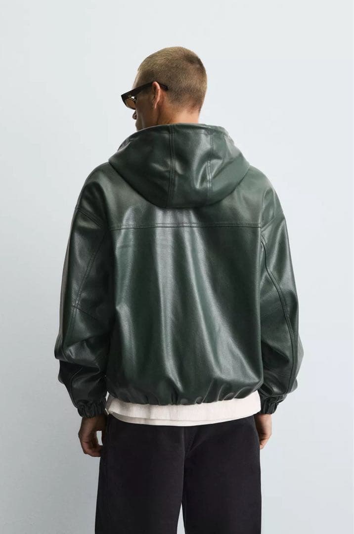 ZARA 緑　フェイクレザー　フーテッド　ジャケット　パーカー　BREATH