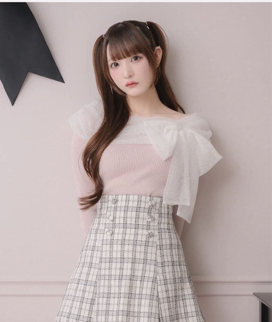 完売品 pium チュールリボンニット ニット トップス 量産 ピンク×ホワイト