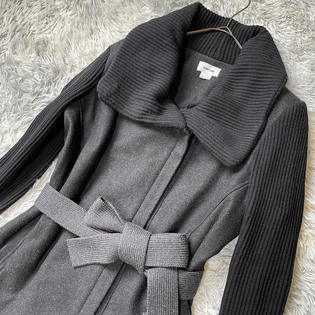 HELMUT LANG 異素材切替 ロングコート ウール混 ダークグレー M
