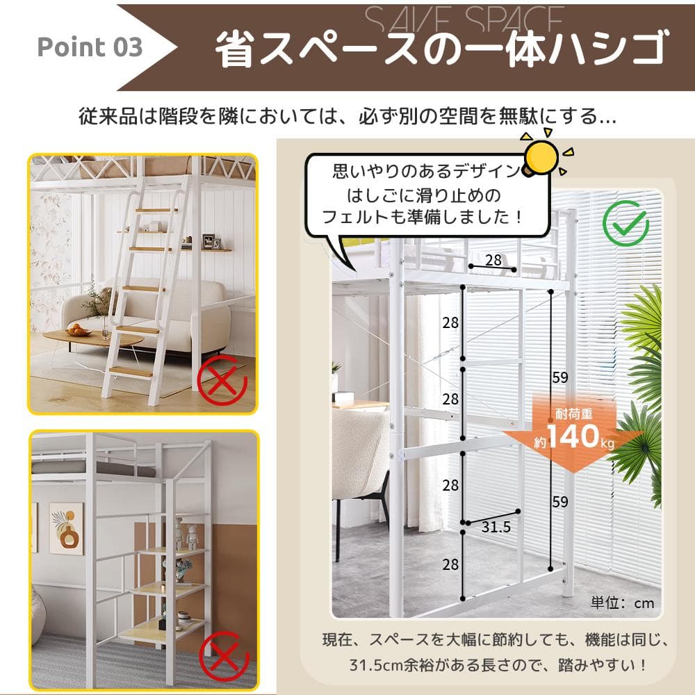 数量限定セール！ロフトベッド デスク・スチールネット付き二段ベッド WHITE