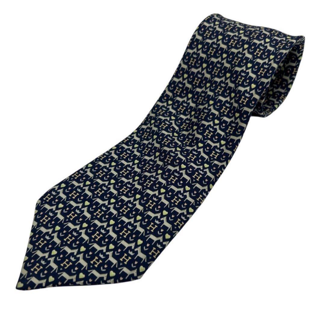 エルメス ネクタイ H柄 ハート クラウン 総柄 ネイビー シルク フランス製