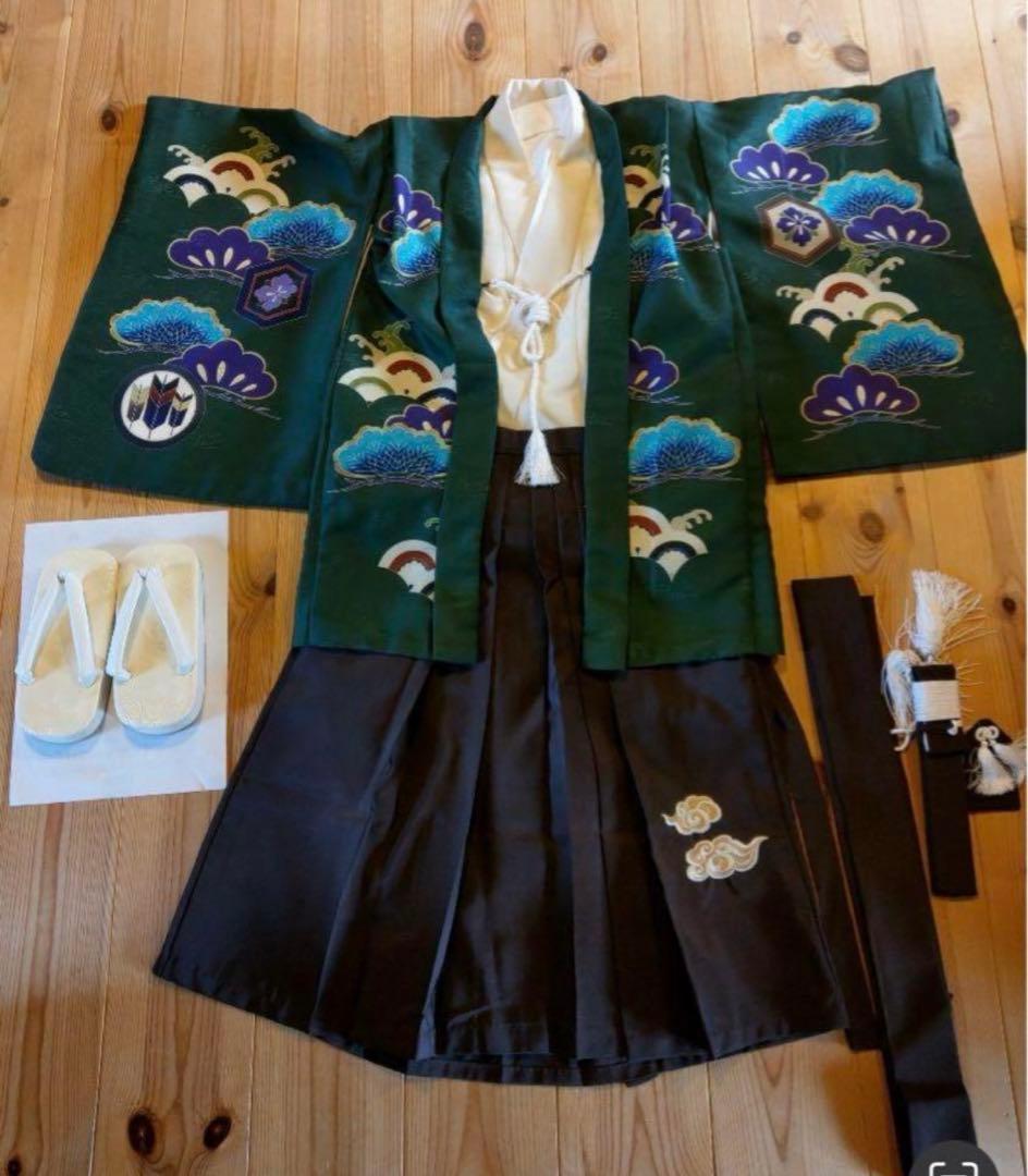 緑色 袴セット 鶴と鷹