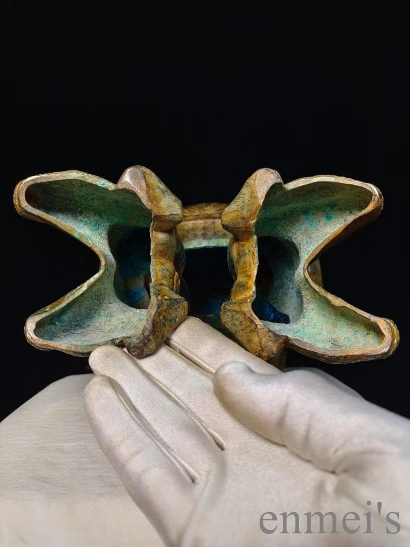 中国古美術 漢代 青銅器 跪人双鳥鼓 古代楽器 打楽器 禮楽器 青銅美術 骨董品