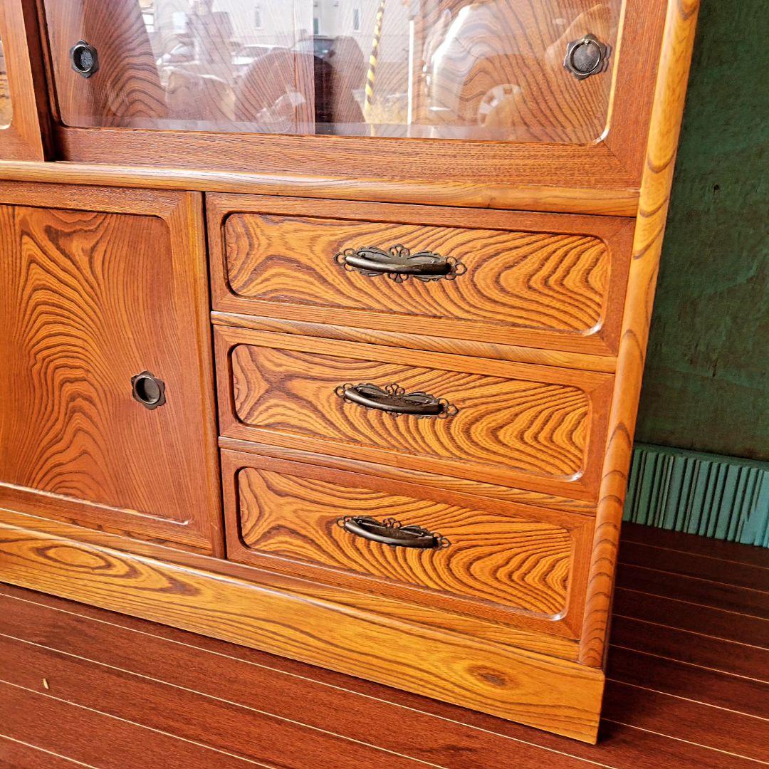 昭和レトロ 茶箪笥 水屋箪笥 ガラス戸収納棚 和家具 ヴィンテージ 店舗什器
