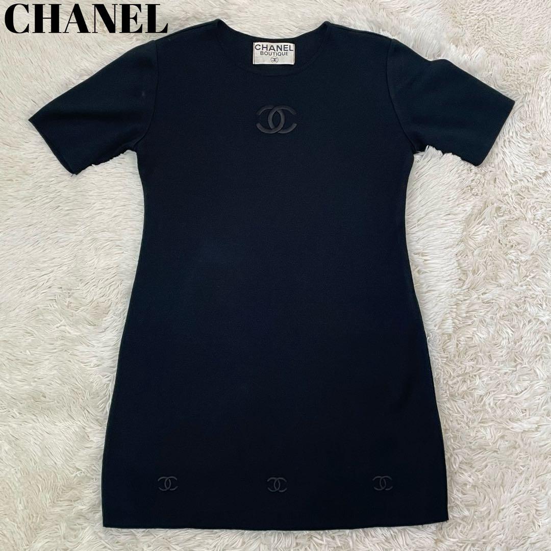 極美品 シャネル ココマーク ニット ワンピース 半袖 黒 M レディース