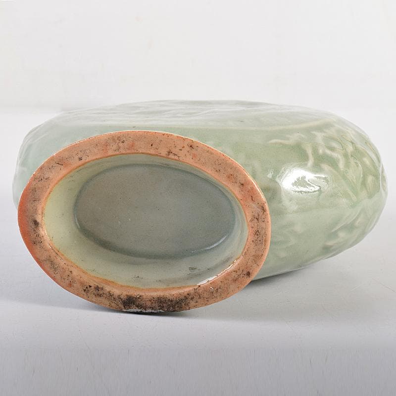 中国　龍泉窯　青磁　陽刻　龍鳳凰花文　扁壷　V　R7826