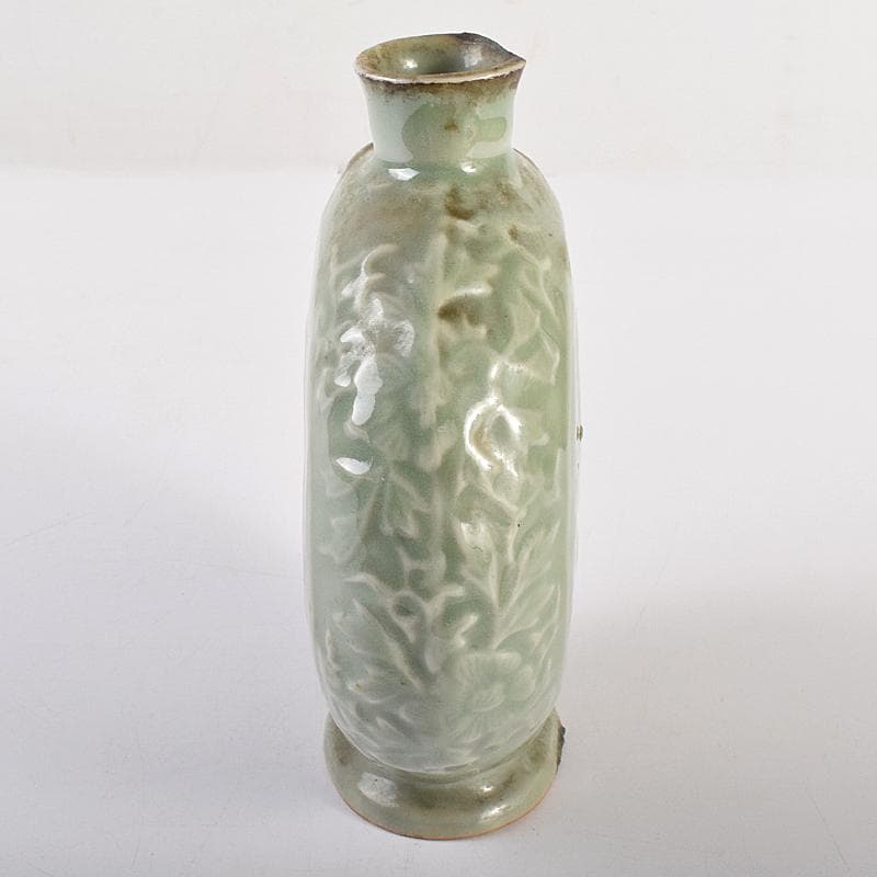 中国　龍泉窯　青磁　陽刻　龍鳳凰花文　扁壷　V　R7826