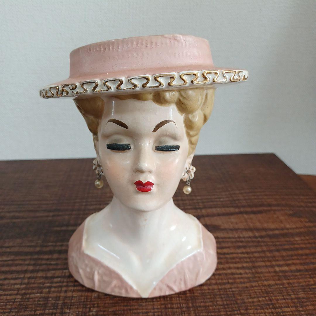 ビンテージ レディヘッドベース 陶器製の置物花瓶　薄紫とオレンジ　2点セット