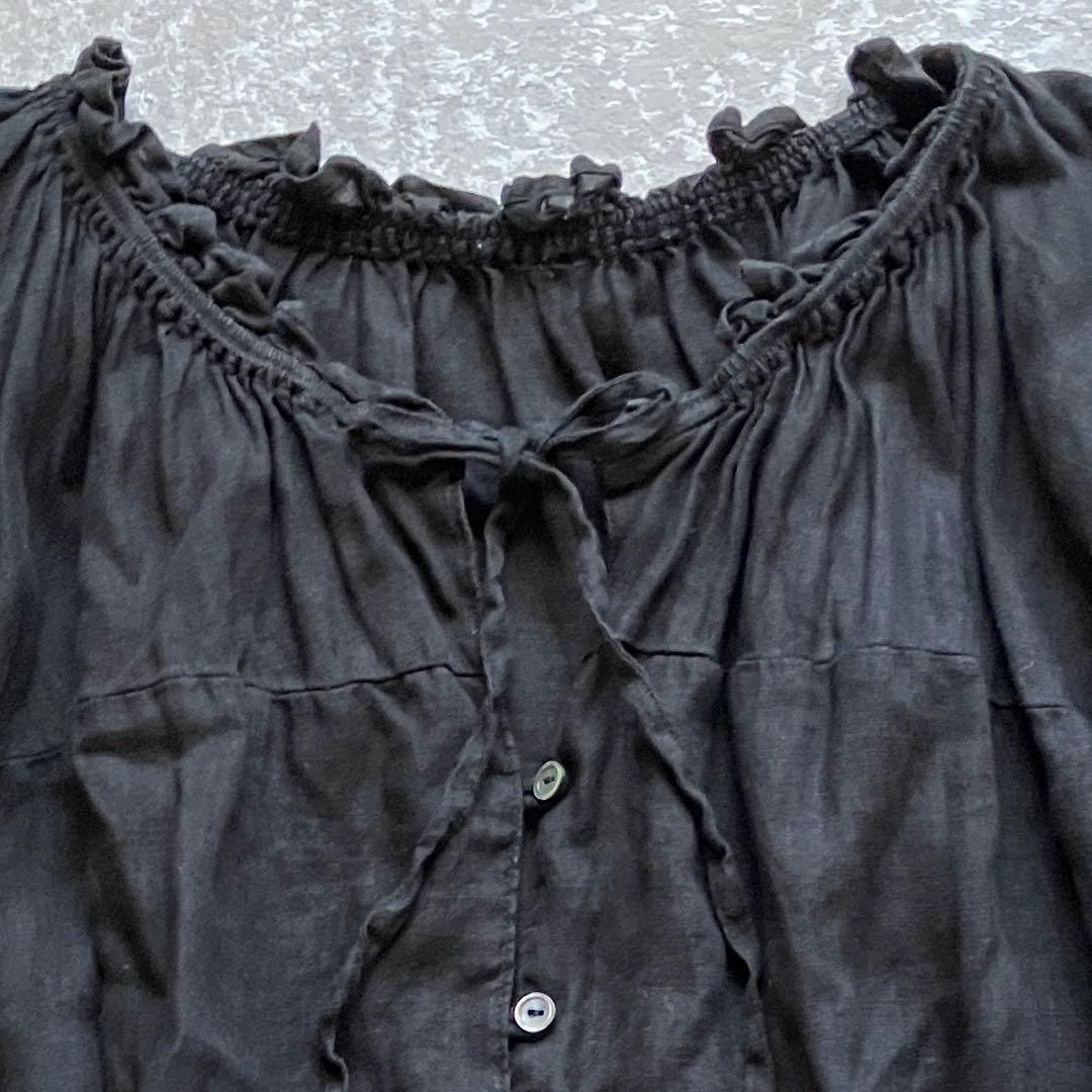 完売品 ネストローブ リネンVネックフリルブラウス 黒 ウォッシャブル