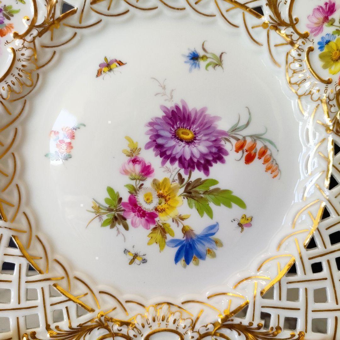マイセン フワラーブーケ 金彩 昆虫 透かしプレート １級品 美品 ローズ小花③