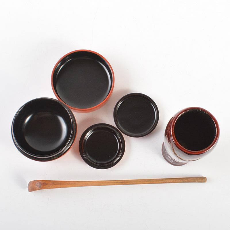 茶道具　面朱茶箱　茶碗　棗など　七点　一式　仕覆付　C　R7368