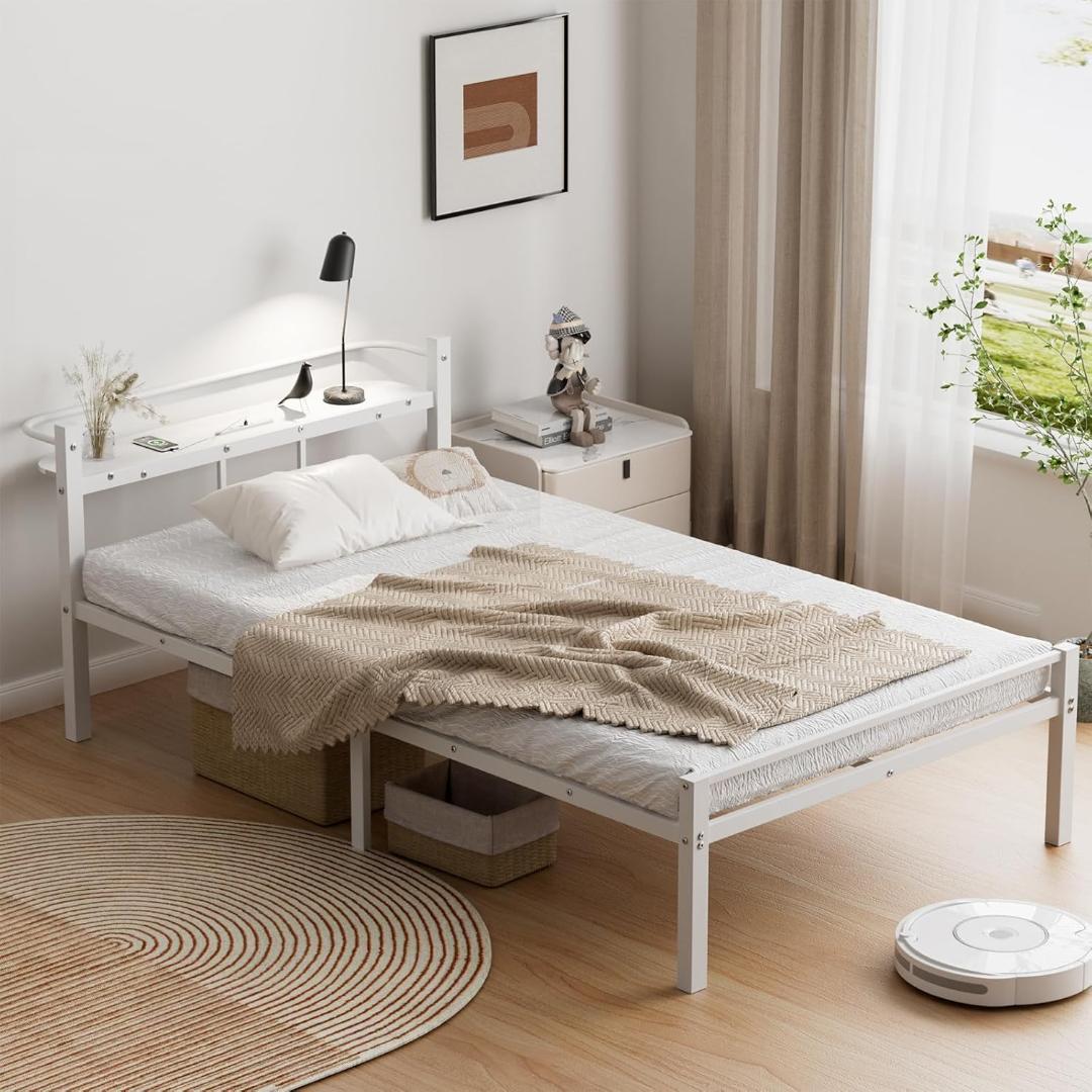 ベッドフレーム シングル ベッド 宮棚 2口コンセント　ホワイト