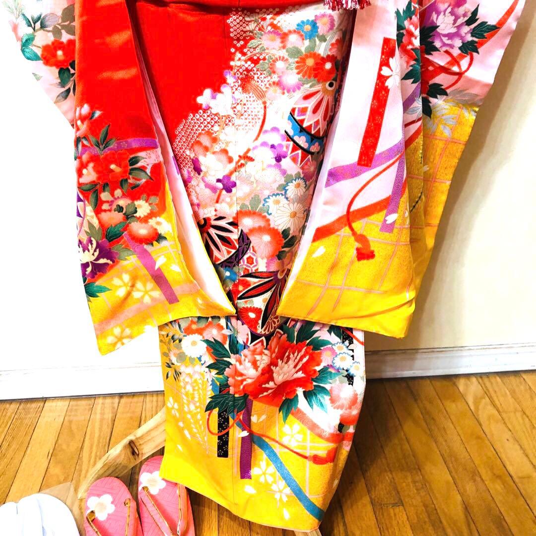 七五三七歳‼正絹赤地×黄色❤️手毬花々金彩ラメきらびやか‼️完全フルセット