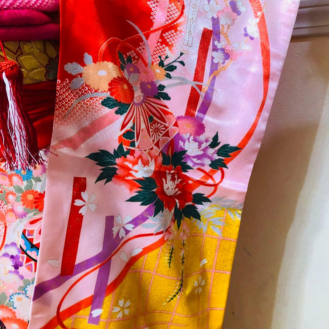 七五三七歳‼正絹赤地×黄色❤️手毬花々金彩ラメきらびやか‼️完全フルセット