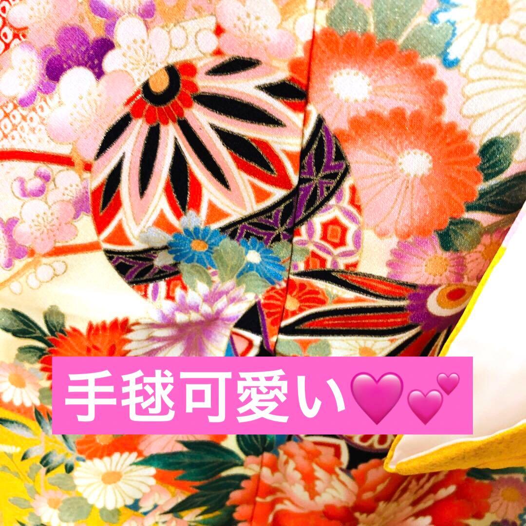 七五三七歳‼正絹赤地×黄色❤️手毬花々金彩ラメきらびやか‼️完全フルセット