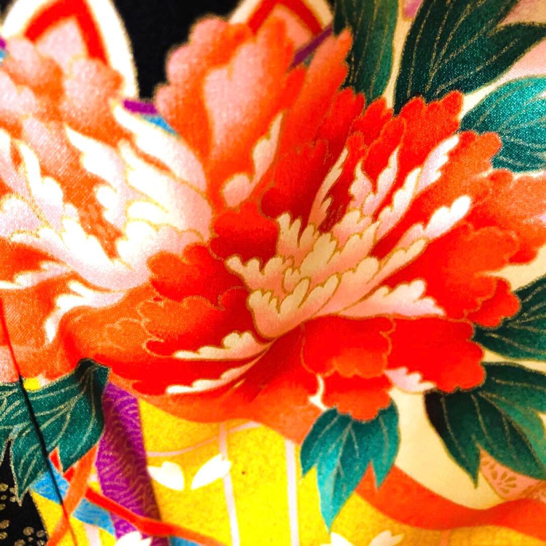 七五三七歳‼正絹赤地×黄色❤️手毬花々金彩ラメきらびやか‼️完全フルセット