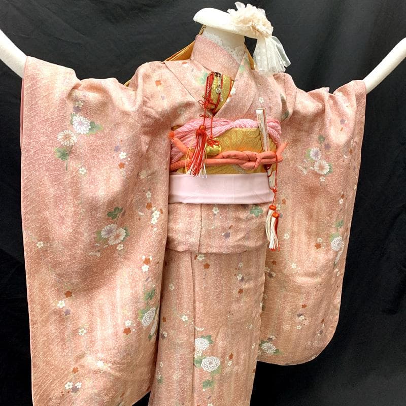 509ag31□七五三 七歳 女児 着物&袋帯 菊 梅 くすみピンク□美品
