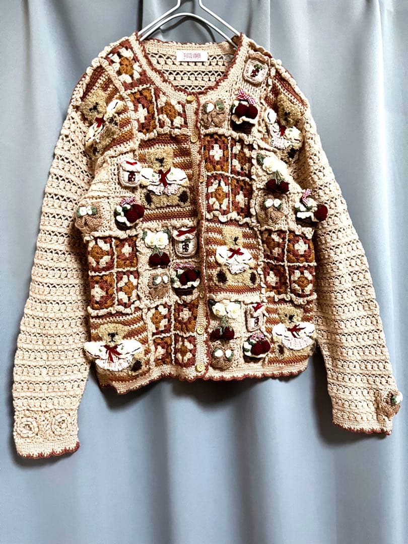 vintage 立体刺繍パッチワーク編みウールニットカーディガン アンティーク