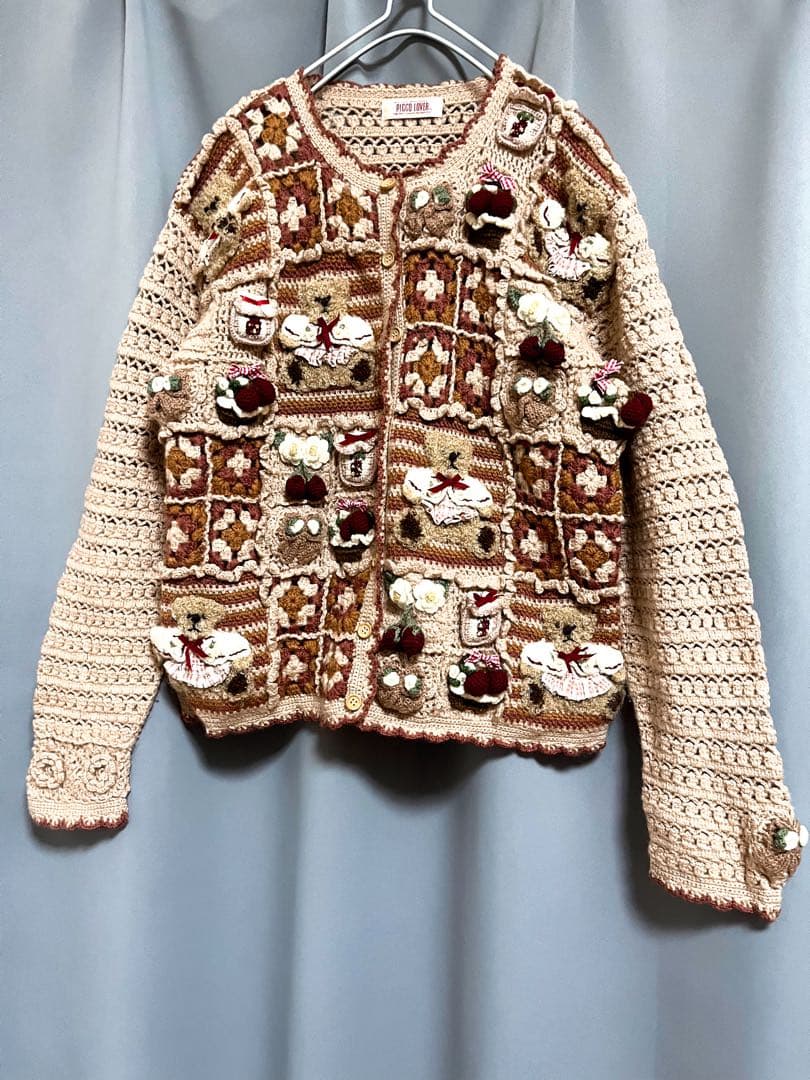 vintage 立体刺繍パッチワーク編みウールニットカーディガン アンティーク
