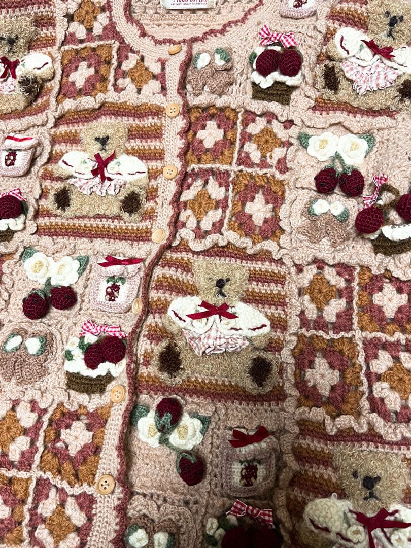 vintage 立体刺繍パッチワーク編みウールニットカーディガン アンティーク