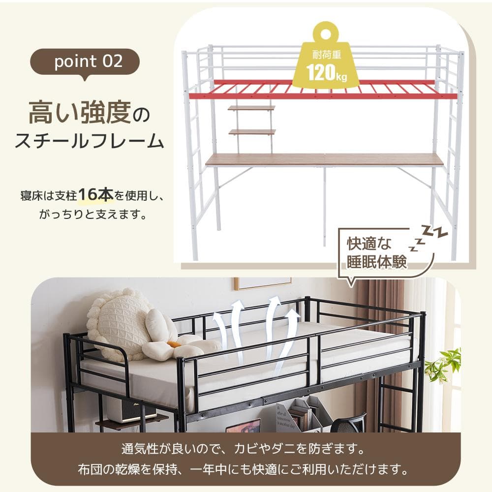 限定価格！新品ロフトベッド（S）デスク付き北欧風 大人ベッド 　BLACK