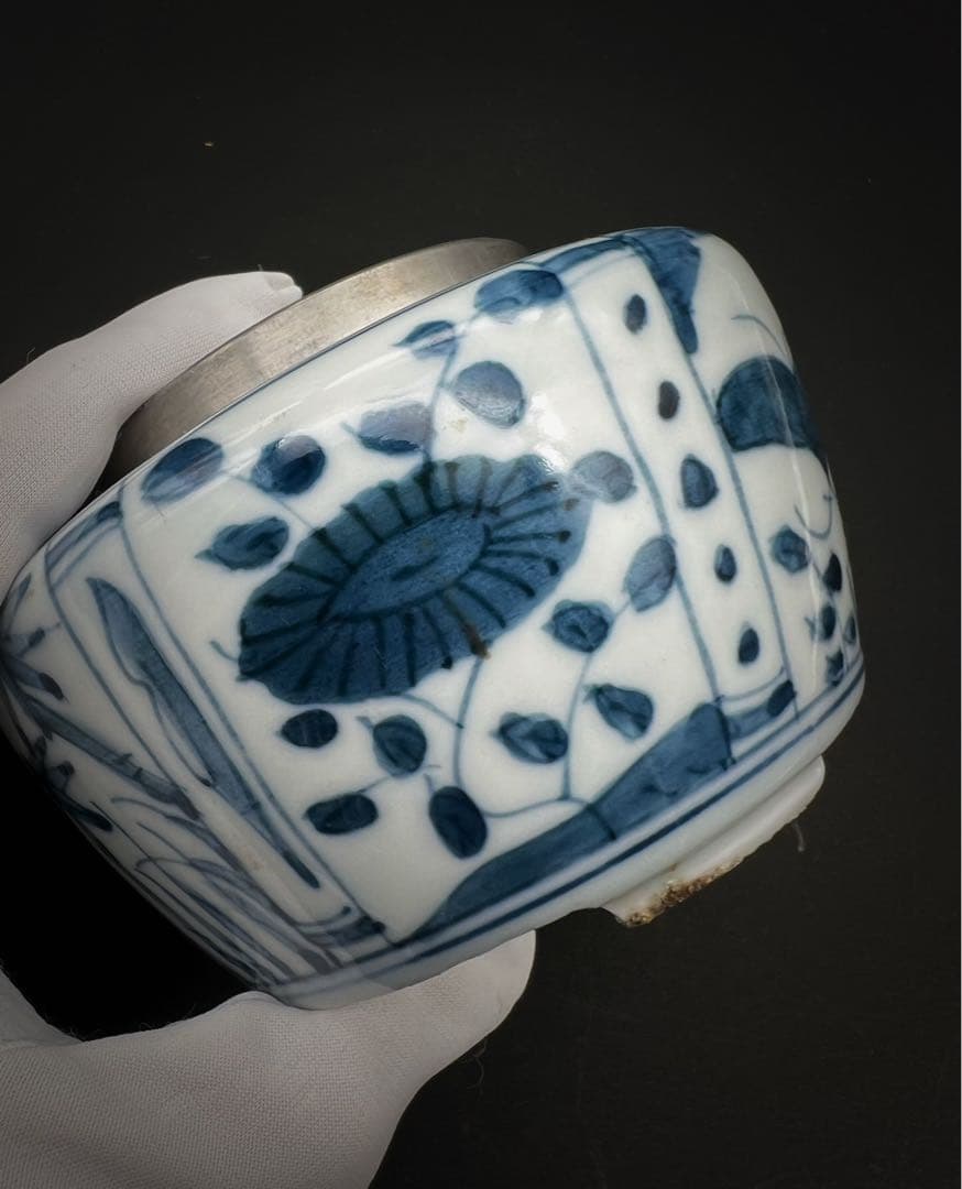 中国美術 古玩 青華染付 花鳥蝶々茶入 茶葉罐　煎茶道具 木箱付き