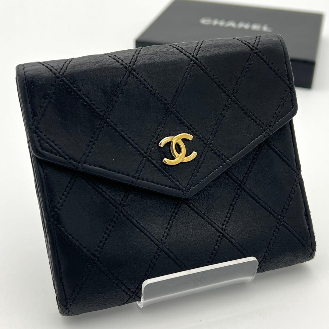 【鑑定済み】CHANEL シャネル ビコローレ Wホック 折り財布 ブラック