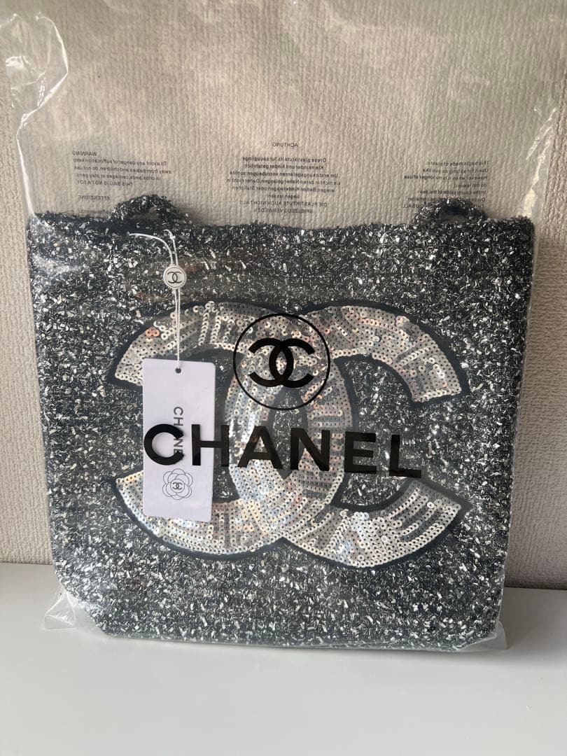 CHANELシャネル ココマークツイードスパンコール トートバッグ ダークグレー