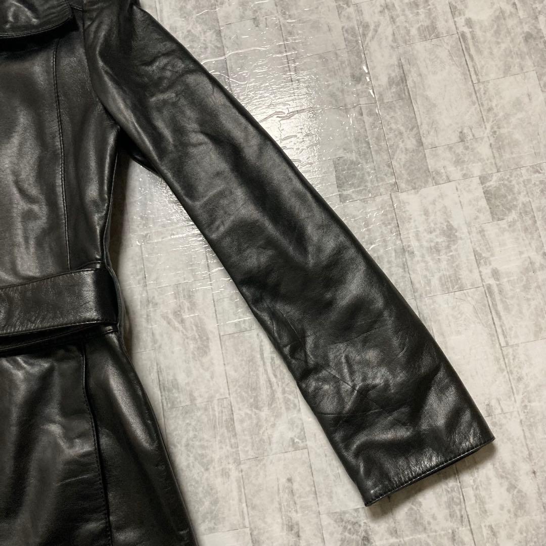 レザージャケット　ロング丈　ブラック　本革　ベルト　Mサイズ　ラムレザー