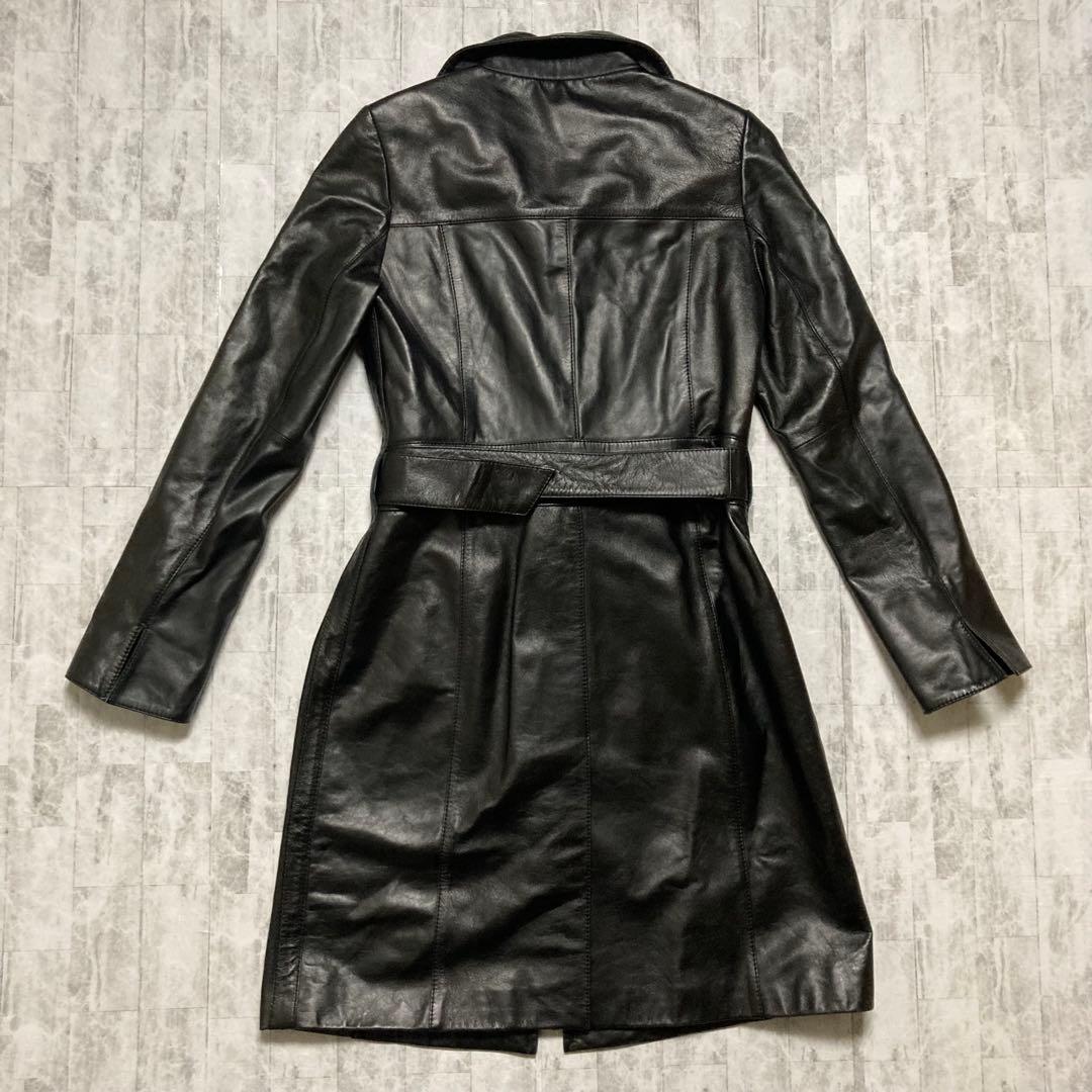 レザージャケット　ロング丈　ブラック　本革　ベルト　Mサイズ　ラムレザー